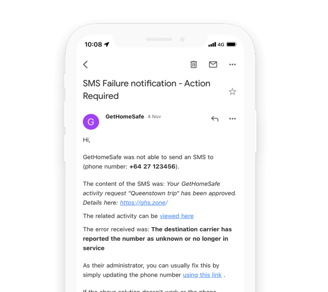 sms failure notification notification